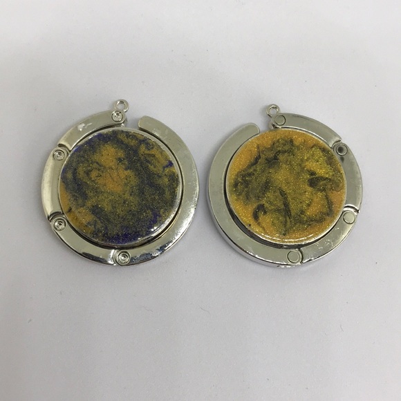 Glamorous Duo: Set of 2 Dark Blue & Gold Acrylic Resin Purse Hooks - Travel Size - Picture 1 of 4